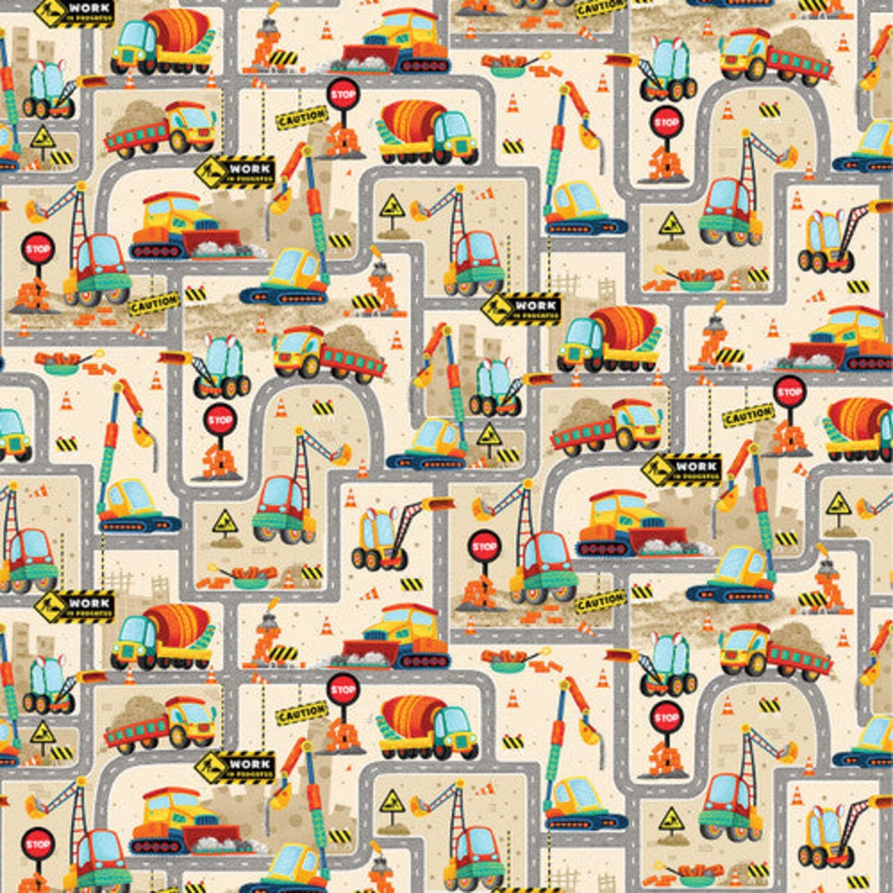 Fabric Blank Quilting Cream Construction Scene Another Brick in the Wall by the Quarter Yard 3700-44